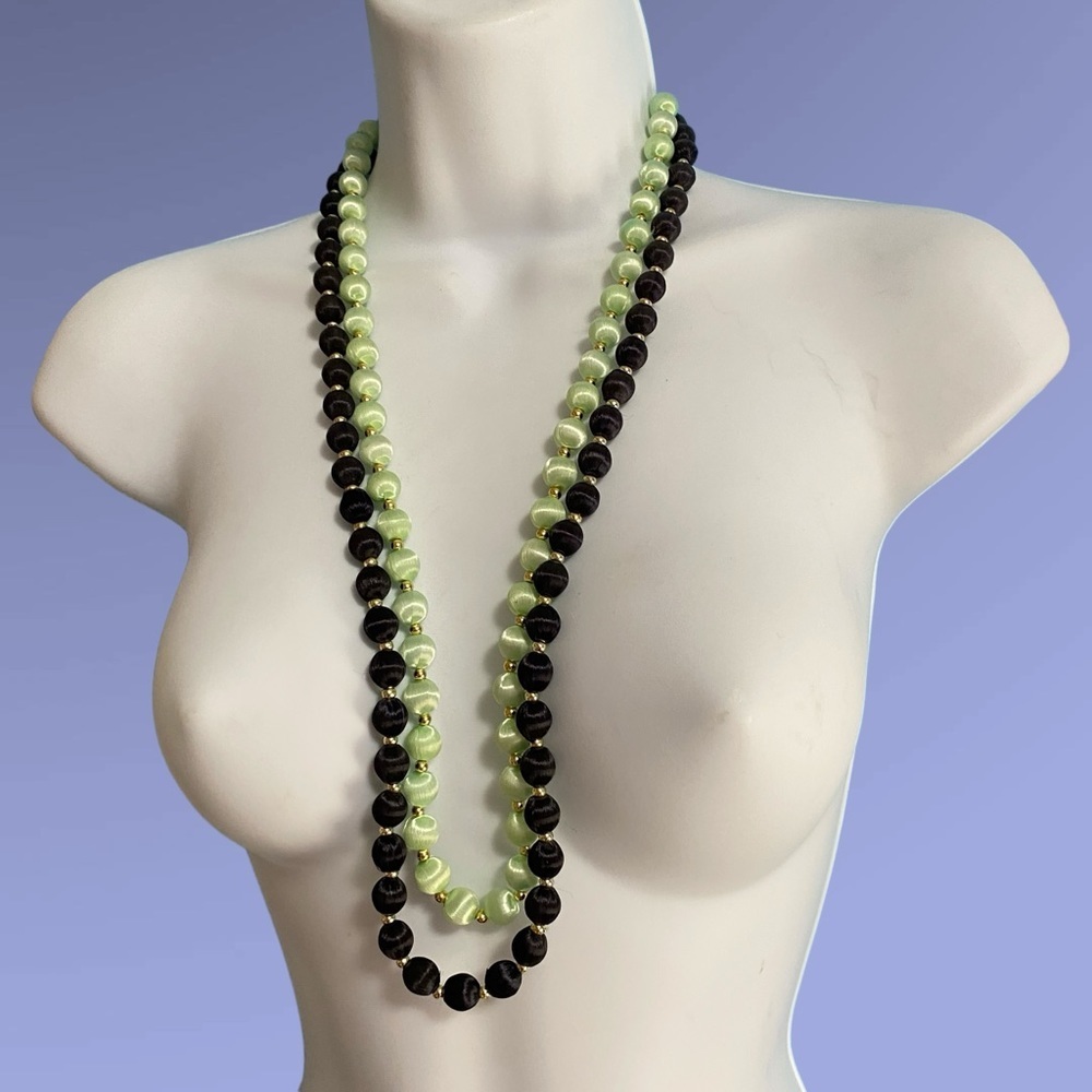 Vintage Satin Silk Covered Beads Black & Mint Green Pair Necklaces Gold Accents